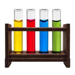 Dollhouse test tubes with four removable glass tubes in bright colors displayed in a rustic wooden rack