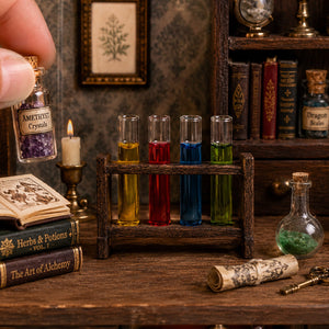 Colorful glass test tubes in a wooden rack styled with potion books and bottles in a cozy alchemy laboratory