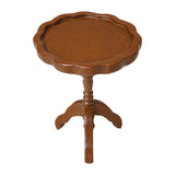 Brown miniature side table with scalloped wood top and turned pedestal base for a warm classic dollhouse room