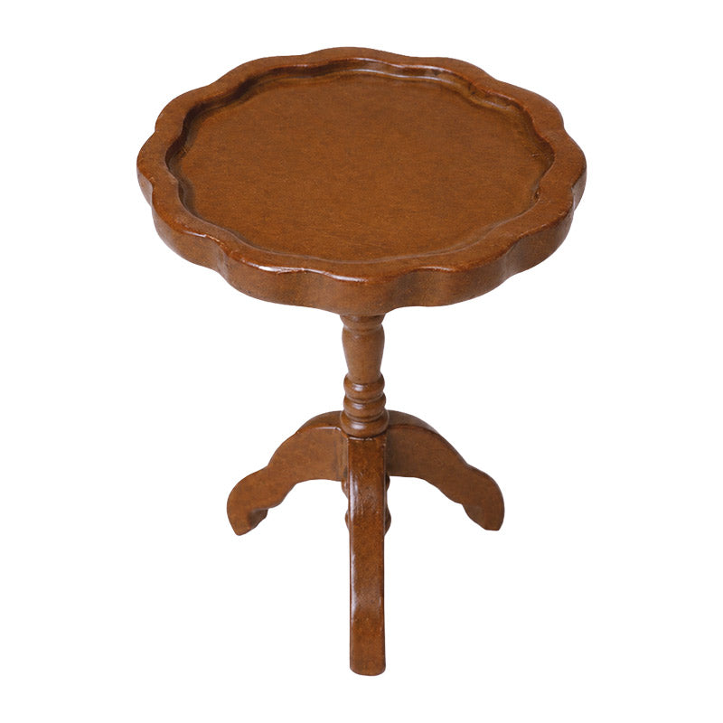 Brown miniature side table with scalloped wood top and turned pedestal base for a warm classic dollhouse room