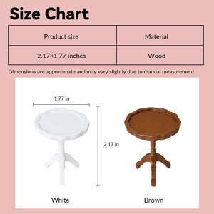 miniature side table size chart showing white and brown wood pedestal designs in 1:12 scale