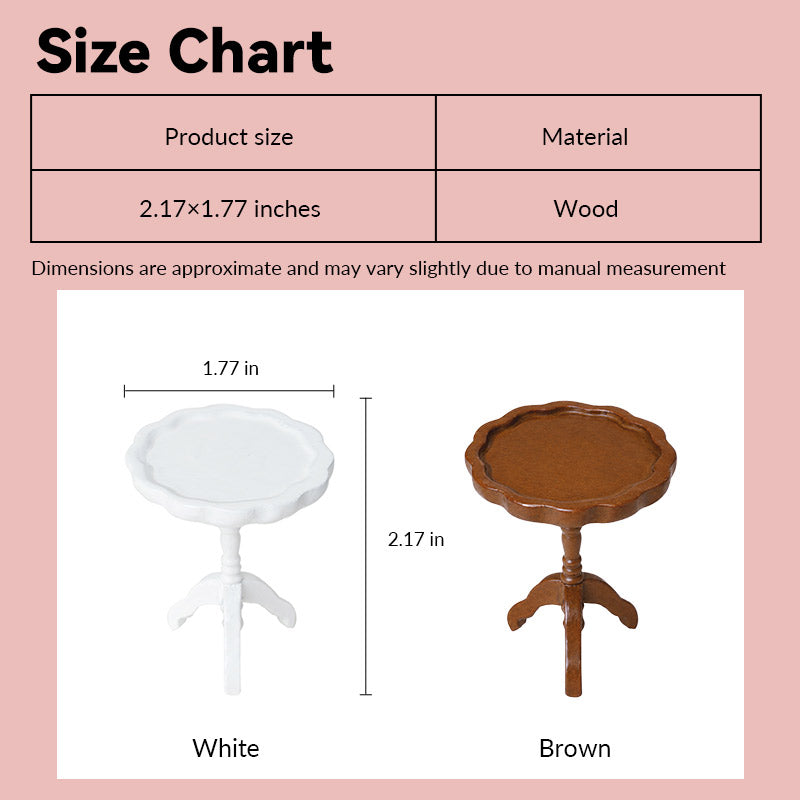 miniature side table size chart showing white and brown wood pedestal designs in 1:12 scale