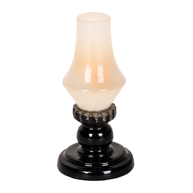 Dollhouse oil lamp in classic resin style with a cream shade and black base, perfect for cozy vintage interiors.
