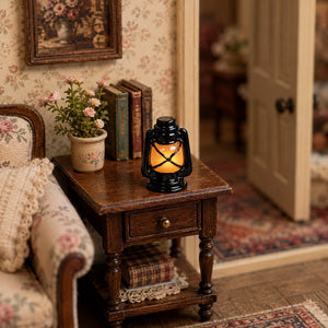 Caged miniature lamp beside books and flowers on a wooden side table, adding a cozy glow to a vintage living room.