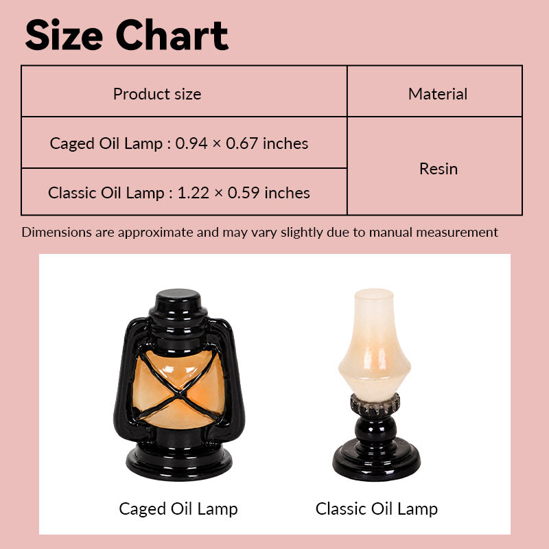 Dollhouse oil lamp size chart showing caged and classic resin styles in 1:12 scale