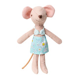 Handmade Mouse Doll Kid Pip (5 Inch) in floral swimwear, perfect for 1:12 dollhouse scenes, whimsical miniature charm.