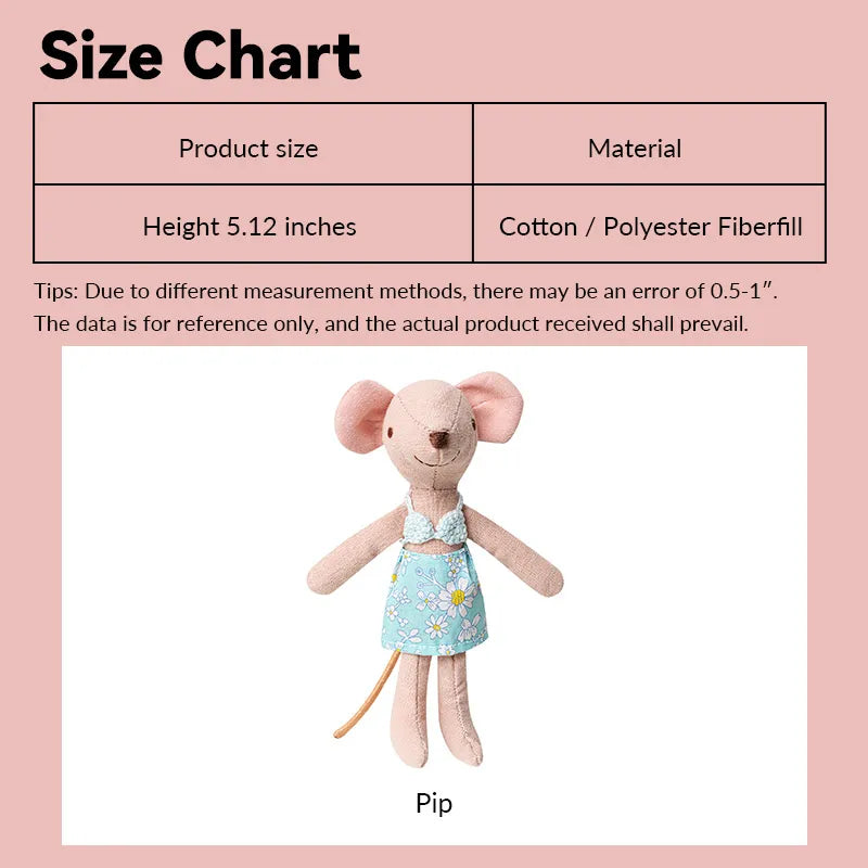Handmade mouse doll Pip in daisy swimwear, cotton 5.12" figure size chart for 1:12 scale dollhouse beach scenes.