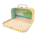 Portable dollhouse suitcase with beach-inspired interior, adding playful 1:12 scale scenery to tiny story worlds