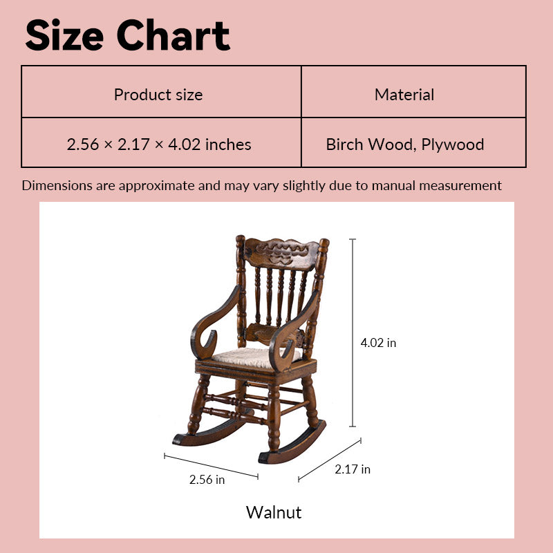 dollhouse rocking chair size chart showing handmade walnut wood design in 1:12 scale