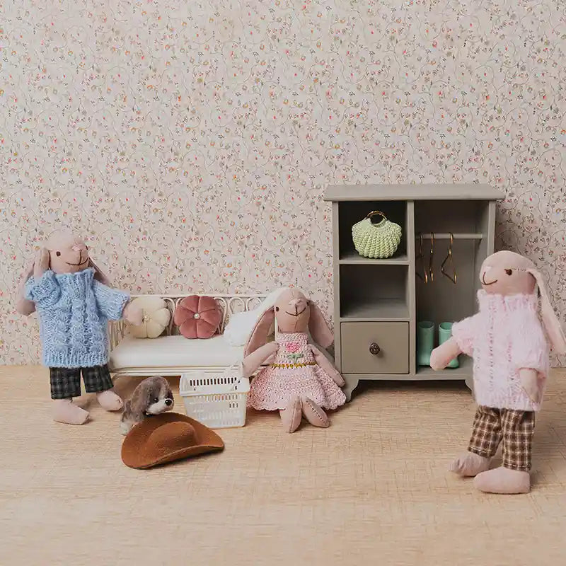 Dollhouse closet scene with bunny family, wardrobe, daybed and accessories in a cozy 1:12 dressing room setting