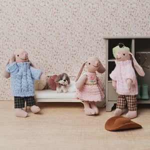 1:12 scale bunny family dressing room scene with soft fabric figures, wardrobe and mirror in a cozy home setting