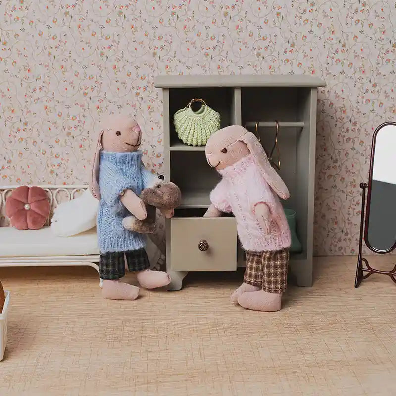 Miniature wardrobe cabinet with hangers, drawer and accessories for 1:12 scale dollhouse dressing room display