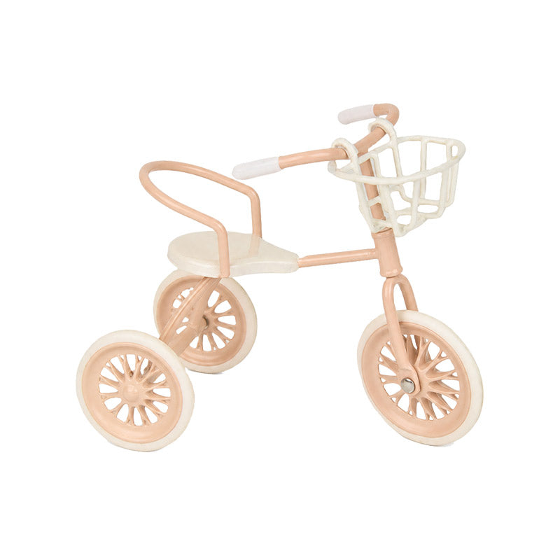 Pink dollhouse tricycle with basket, a sweet miniature ride for garden paths, picnics and playful little outings