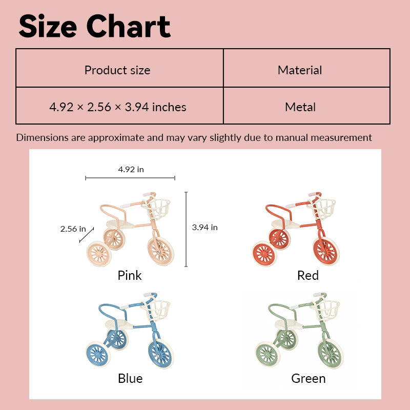 dollhouse tricycle with basket size chart showing four color styles in 1:12 scale