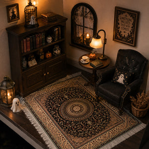Vintage miniature rug beneath an armchair and table, bringing warmth to a cozy dollhouse living room