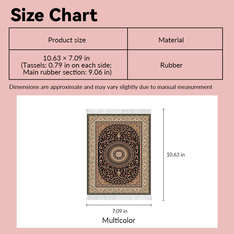 large dollhouse rug size chart showing 10.63 x 7.09 inch vintage multicolor tassel design in 1:12 scale