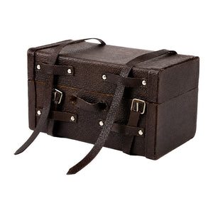 Miniature suitcase with dark brown leather exterior, vintage straps and buckles for charming dollhouse travel scenes.