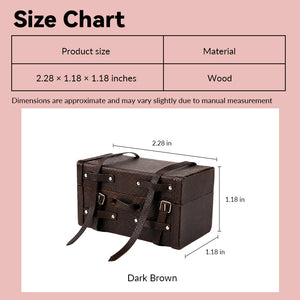 Miniature suitcase size chart showing dark brown leather exterior and wooden structure in 1:12 scale