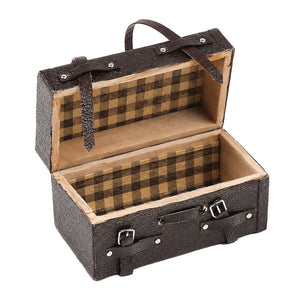 Opening dollhouse suitcase with checkered lining and wooden interior, ready for tiny clothes, letters or keepsakes.