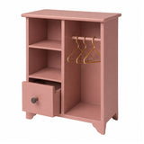 Dusty rose dollhouse wardrobe with three gold hangers and storage shelves for a charming 1:12 dressing room