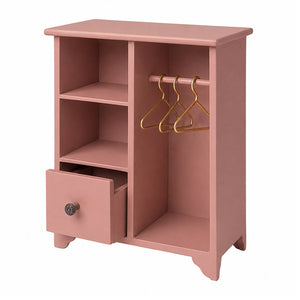 Dusty rose dollhouse wardrobe with three gold hangers and storage shelves for a charming 1:12 dressing room