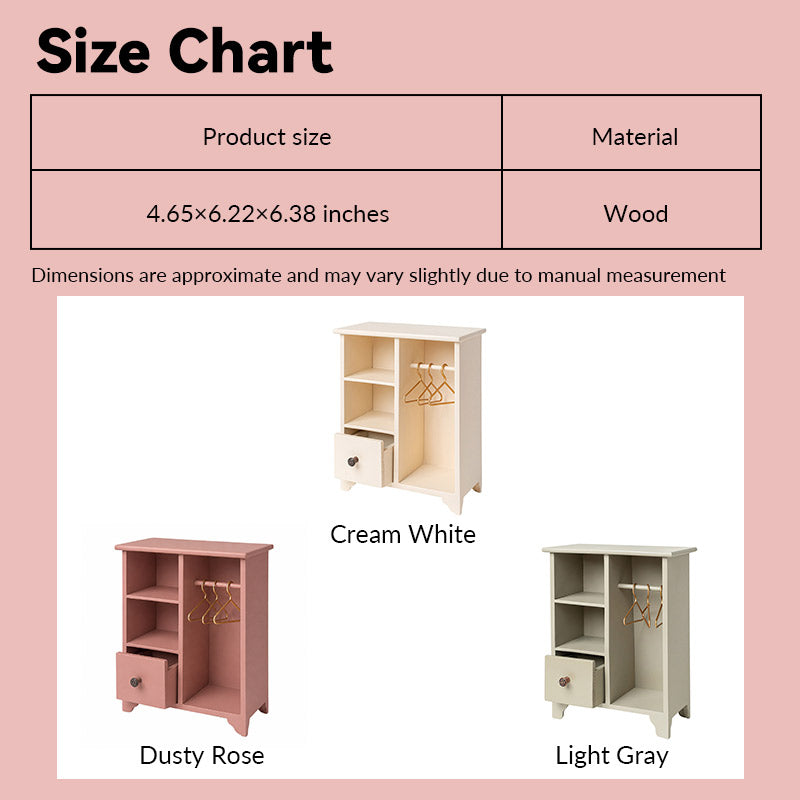 dollhouse wardrobe size chart showing cream white, dusty rose, and light gray finishes in 1:12 scale