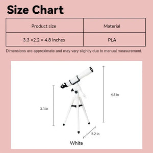 dollhouse telescope size chart showing white tripod model in 1:12 scale