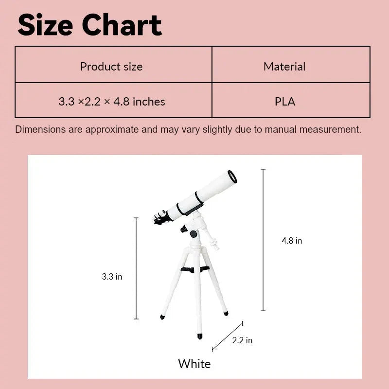 dollhouse telescope size chart showing white tripod model in 1:12 scale