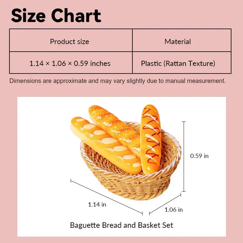 Dollhouse bread basket size chart showing brown rattan-texture plastic basket and yellow baguettes in 1:12 scale