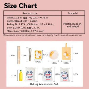 Dollhouse baking set size chart showing mixed tools and ingredients in 1:12 scale