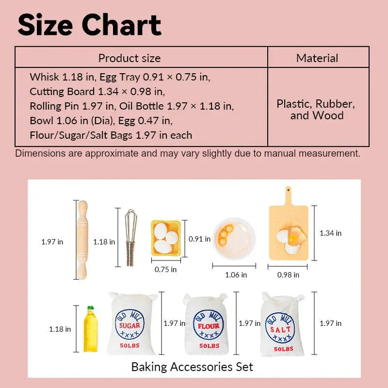 Dollhouse baking set size chart showing mixed tools and ingredients in 1:12 scale