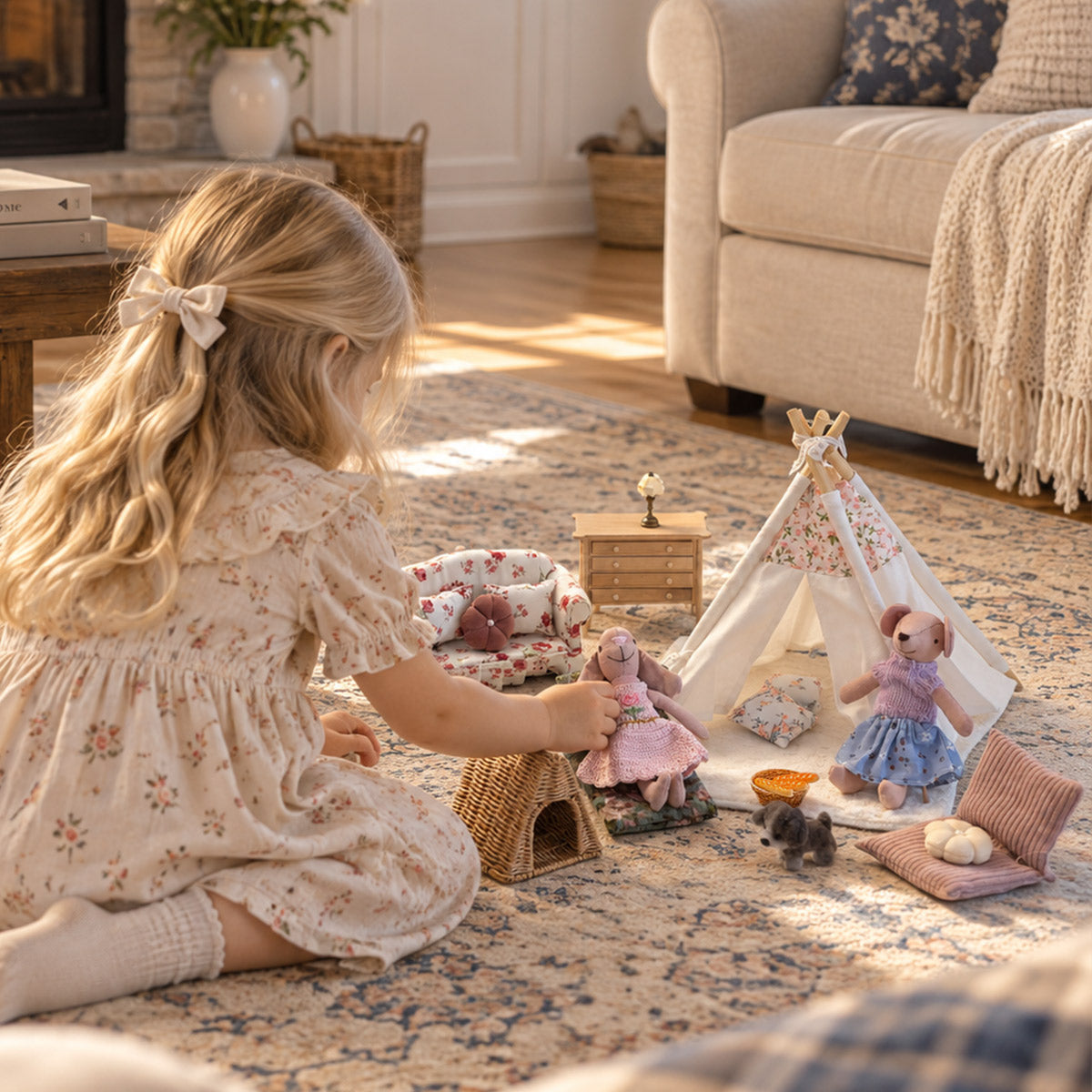 Child creating a cozy dollhouse story with miniature furniture, tiny friends and a floral tent in a warm family room