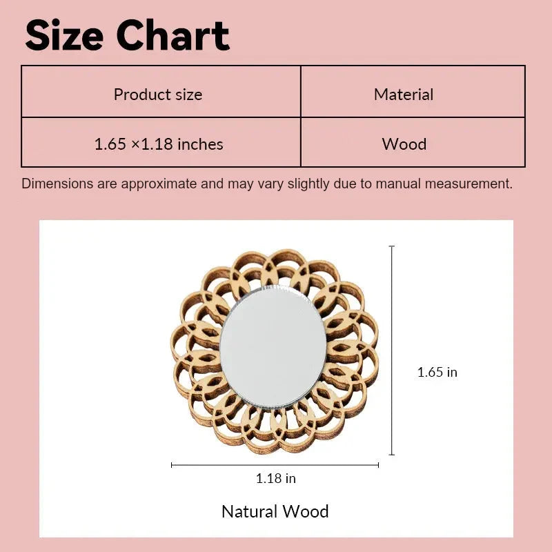 Dollhouse mirror size chart showing natural wood bohemian style in 1:12 scale