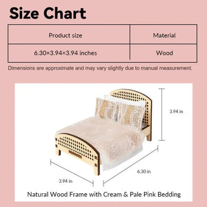 Dollhouse bed size chart showing carved natural wood frame and bedding in 1:12 scale