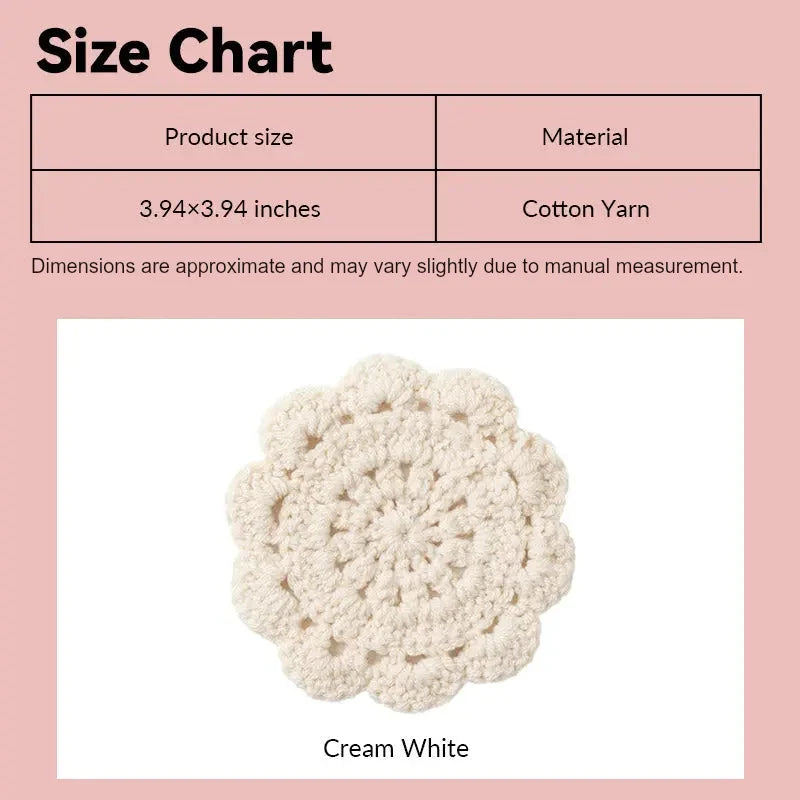 Crochet dollhouse rug size chart showing cream-white cotton yarn flower design in 1:12 scale