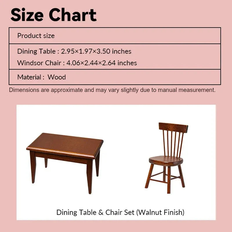 Size chart showing dimensions of a dollhouse dining table and chairs set for a 1:12 scale dollhouse
