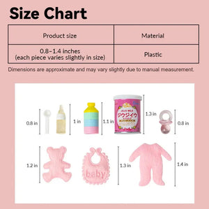 dollhouse baby accessories size chart showing plastic feeding set in 1:12 scale