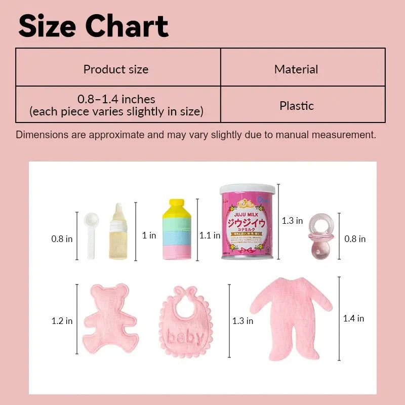 dollhouse baby accessories size chart showing plastic feeding set in 1:12 scale