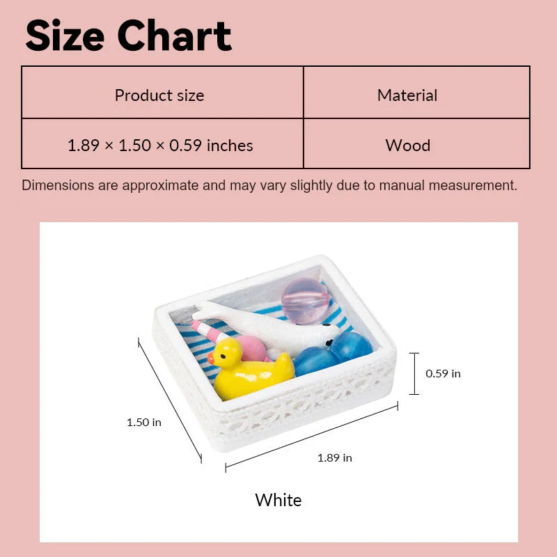 1:12 scale baby toy basket size chart showing white lace basket dimensions, sweet nursery accessory for dollhouse room styling