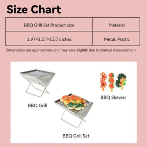 Dollhouse BBQ grill size chart showing silver grill and skewer set in 1:12 scale