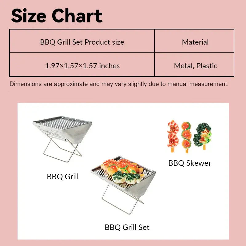 Dollhouse BBQ grill size chart showing silver grill and skewer set in 1:12 scale