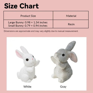 Dollhouse bunny figures size chart showing white and gray resin style in 1:12 scale