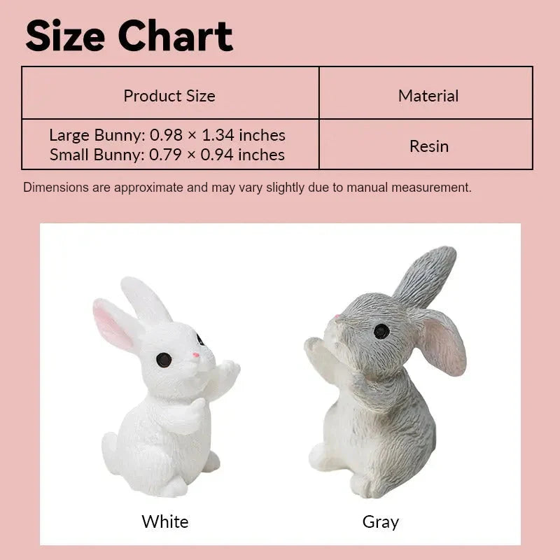 Dollhouse bunny figures size chart showing white and gray resin style in 1:12 scale