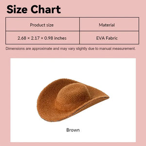 Dollhouse cowboy hat size chart showing brown flocked finish and EVA base in 1:12 scale