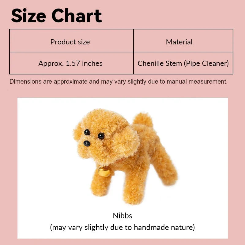 1:12 scale dollhouse dog Nibbs size guide showing handmade details and soft chenille material