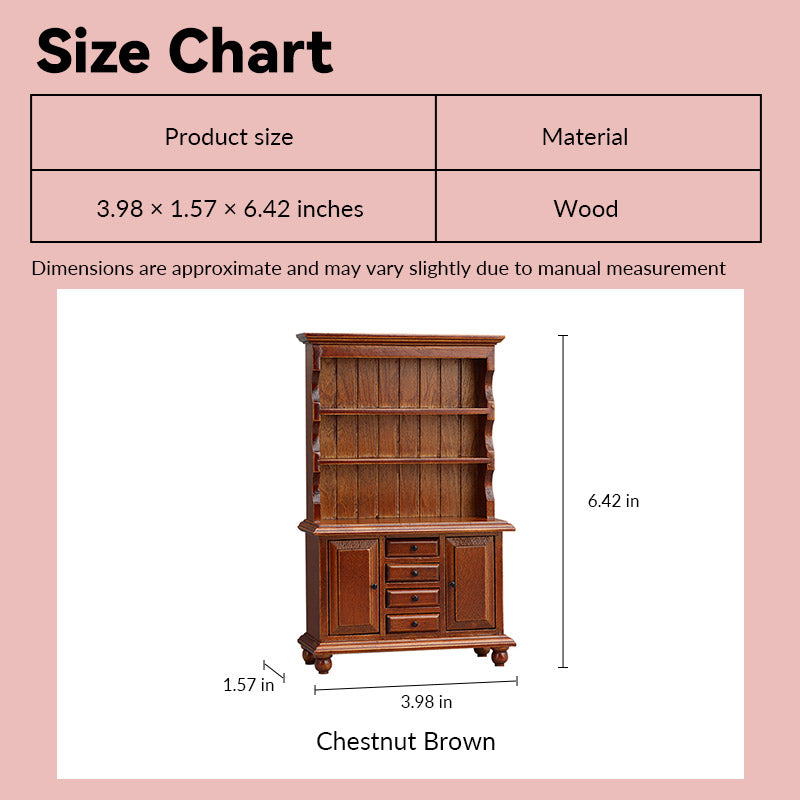 Dollhouse hutch size chart showing chestnut-brown wood, open shelves, doors, and drawers in 1:12 scale