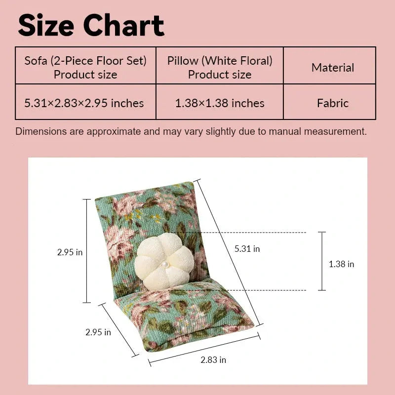 Dollhouse floor sofa size chart showing green floral fabric and white pillow in 1:12 scale