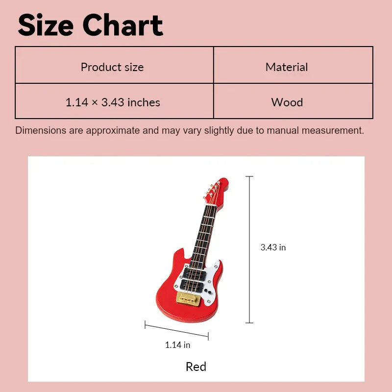dollhouse guitar size chart showing red wooden style in 1:12 scale