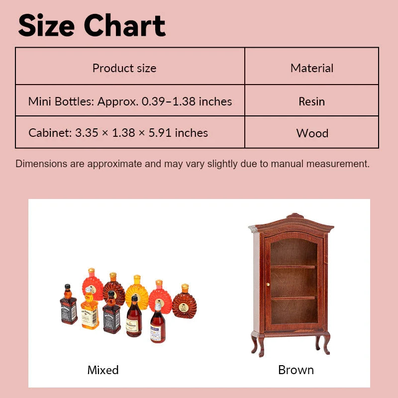 Miniature cabinet and wine set size chart, mixed resin bottles and brown walnut cabinet dimensions for 1:12 scale dollhouse furniture planning