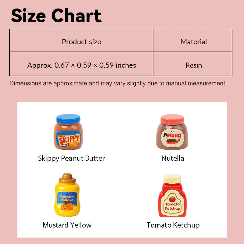 Miniature Condiments size chart showing peanut butter, Nutella, mustard, and ketchup bottles, compact 1:12 scale for dollhouse fridge or countertop